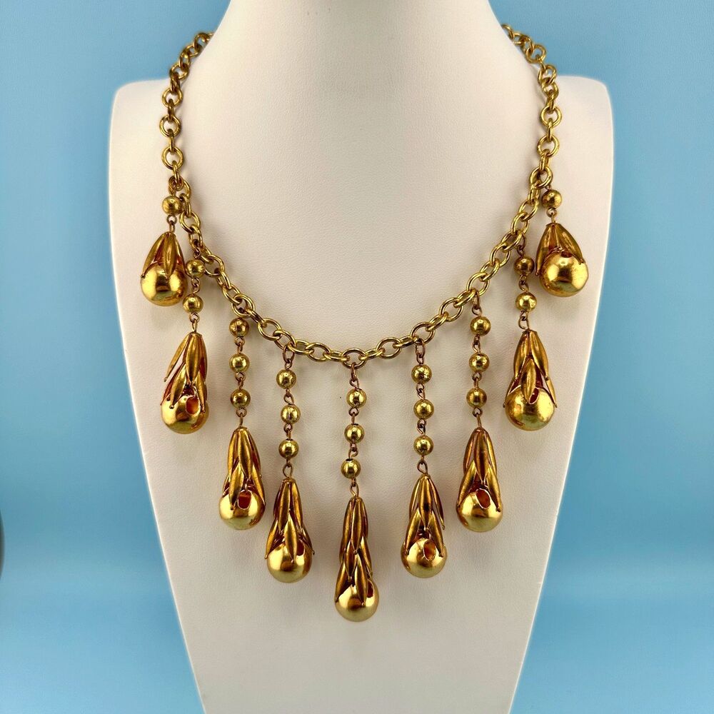 Vintage Fringe Chain Necklace Antiqued Gold Tone Etruscan Revival Statement